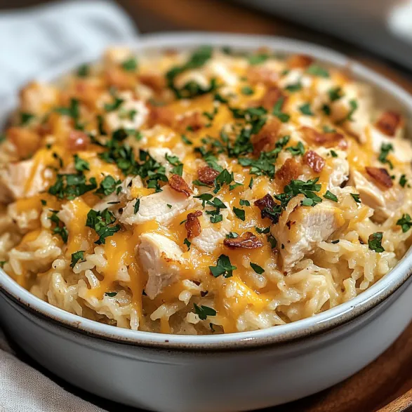 A bowl of cheesy chicken and rice casserole.