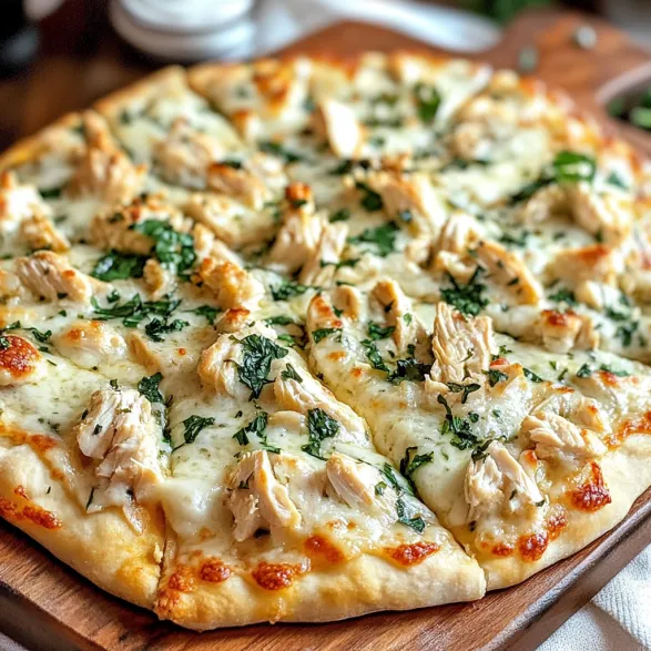 A pizza with chicken and Alfredo sauce.