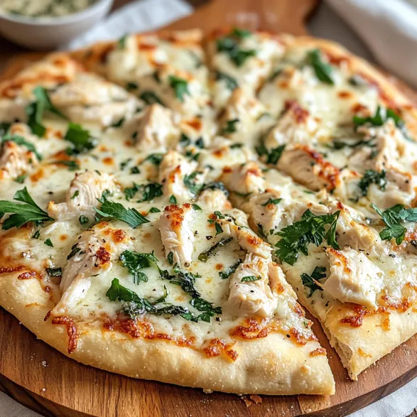 A pizza with chicken and cheese on top.