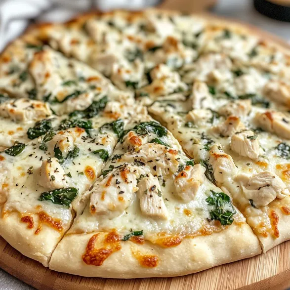 A pizza with chicken and spinach on top.
