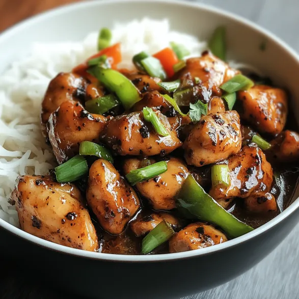 A bowl of black pepper chicken with rice.