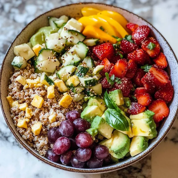 A bowl of food with a variety of fruits and vegetables.