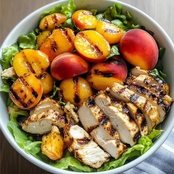 A bowl of grilled peach and chicken salad.