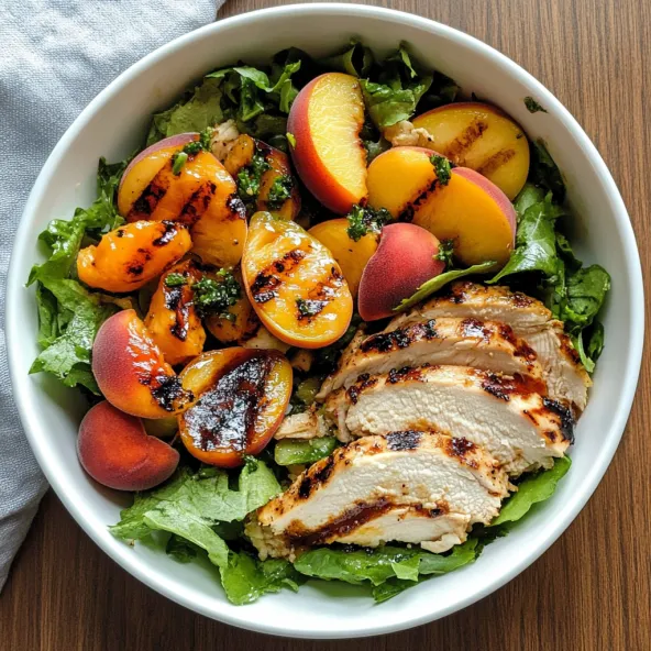 A bowl of grilled peach and chicken salad.
