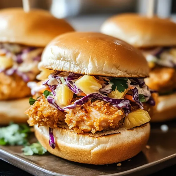 Two chicken sliders with pineapple slaw.