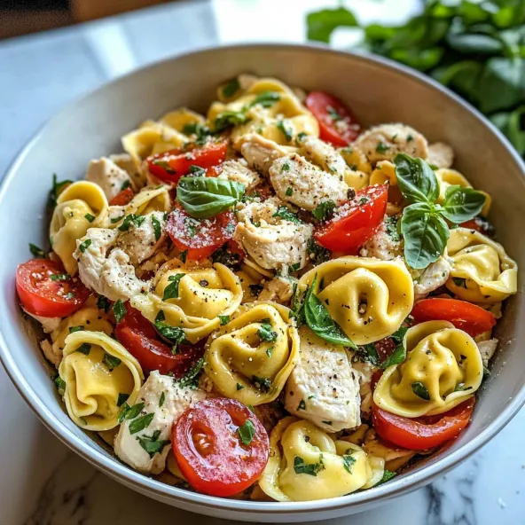 A bowl of pasta with chicken and tomatoes.