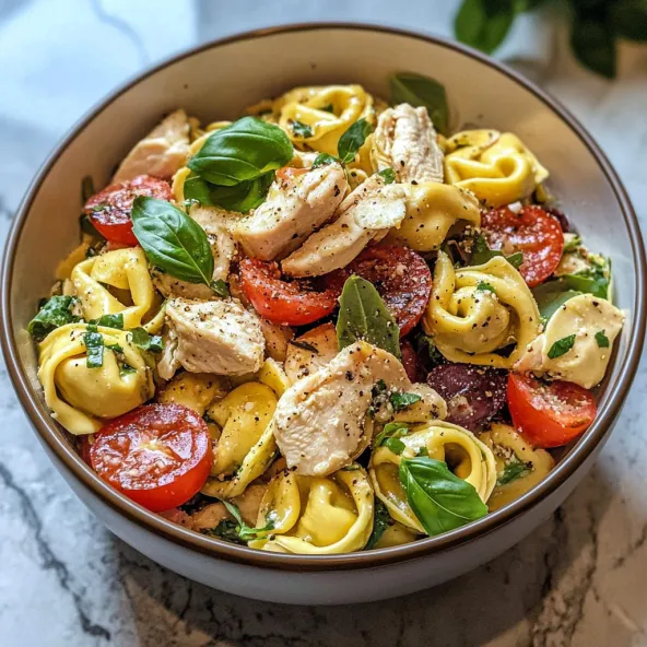 A bowl of pasta salad with chicken, tomatoes, and spinach.