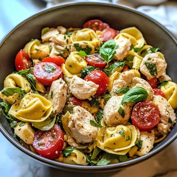 A bowl of pasta salad with chicken, tomatoes, and spinach.