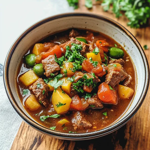 A bowl of beef stew with vegetables.