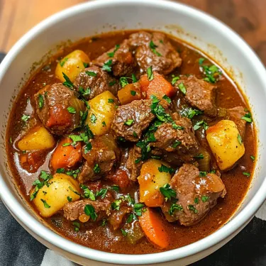 A bowl of beef stew with carrots and potatoes.