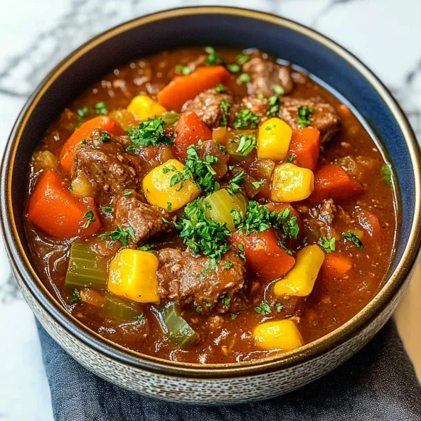 A bowl of beef stew with carrots and green onions.