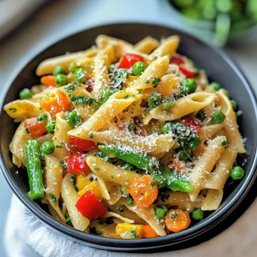 A bowl of pasta with peas and carrots.