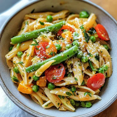 A bowl of pasta with tomatoes, peas, and cheese.