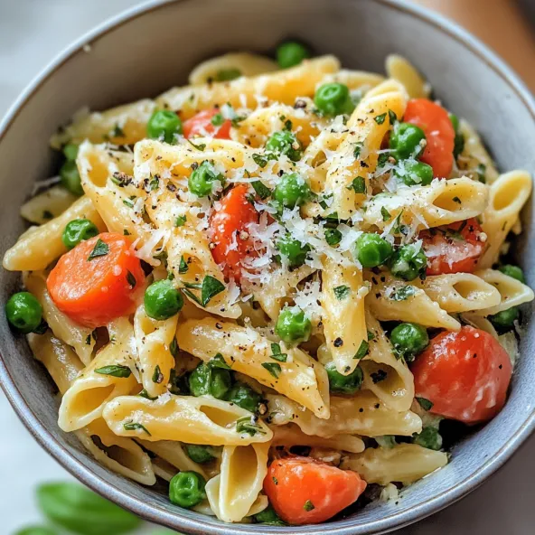A bowl of pasta with peas and carrots.