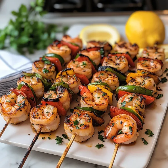 Grilled shrimp skewers with lemon and herbs.