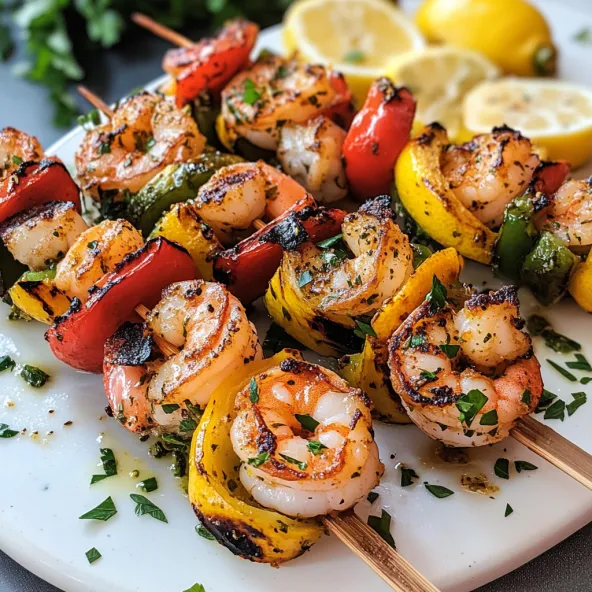 Grilled shrimp skewers with lemon and herbs.