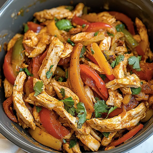 A bowl of chicken fajitas with peppers and onions.