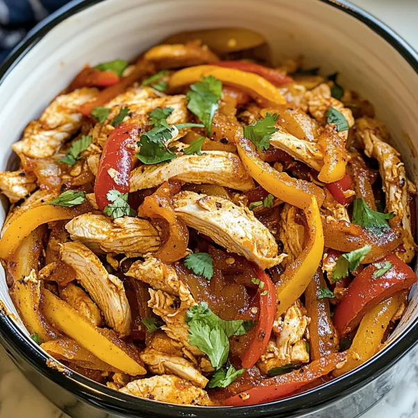 A bowl of chicken fajitas with peppers and onions.
