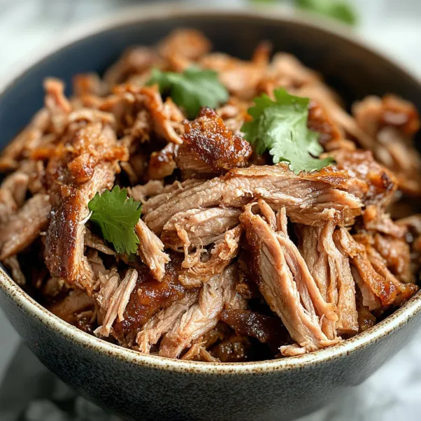 A bowl of pork carnitas with green onions on top.