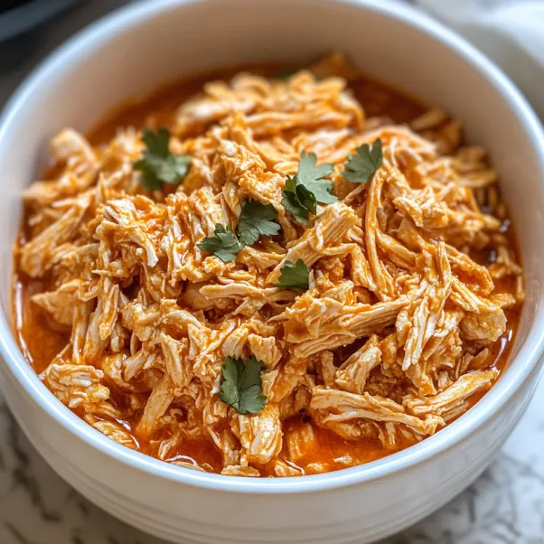 A bowl of shredded buffalo chicken.