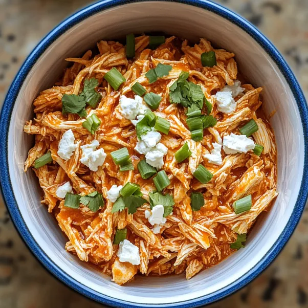 A bowl of shredded buffalo chicken with cheese and green onions.