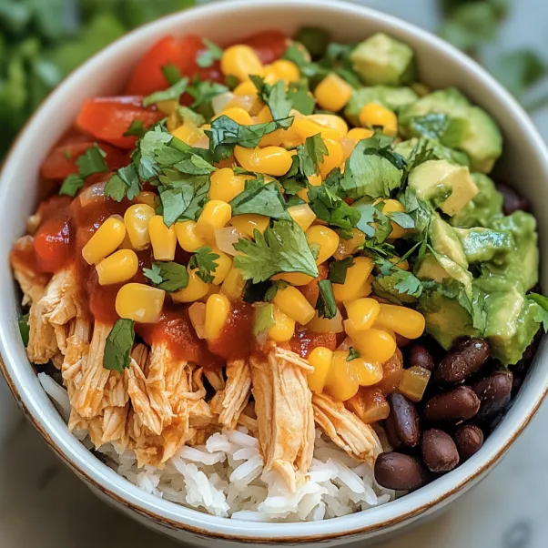 A bowl of food with rice, beans, corn, and avocado.