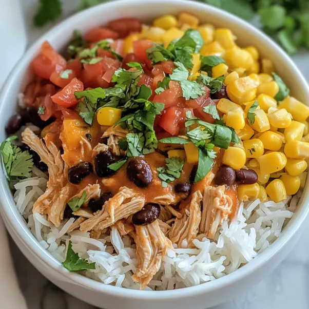 A bowl of food with rice, chicken, beans, corn, and tomatoes.
