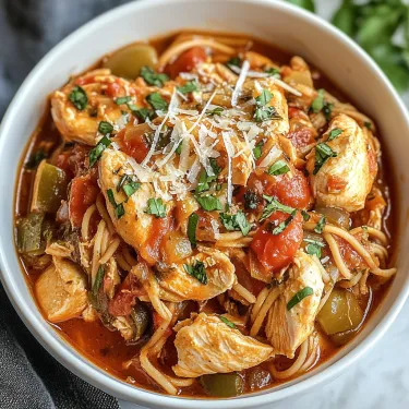 A bowl of chicken with tomatoes and cheese.