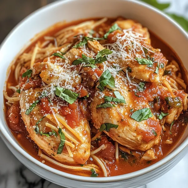 A bowl of chicken with pasta and sauce.