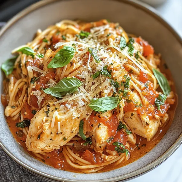 A bowl of pasta with chicken and tomato sauce.