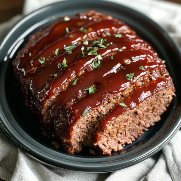 A piece of meatloaf with BBQ sauce on it.