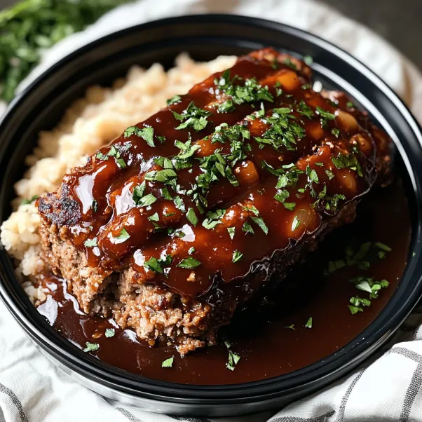 A bowl of meatloaf with gravy.