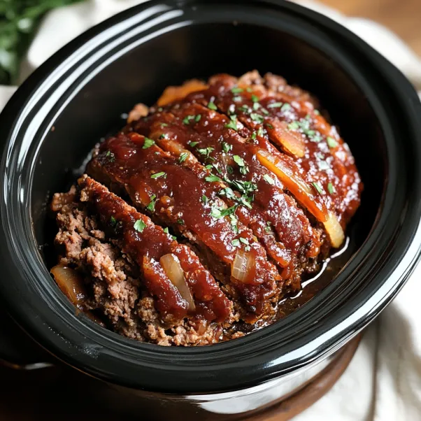 A close up of a meatloaf in a crockpot.