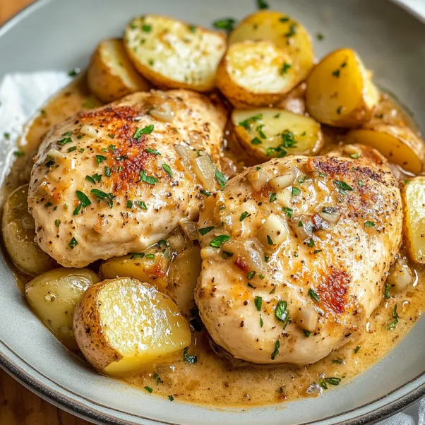 A plate of chicken and potatoes with garlic and Parmesan.