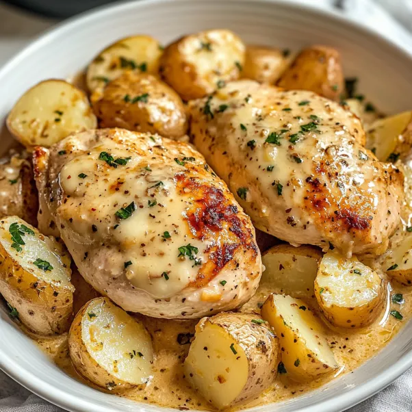 A bowl of chicken and potatoes with a white plate.