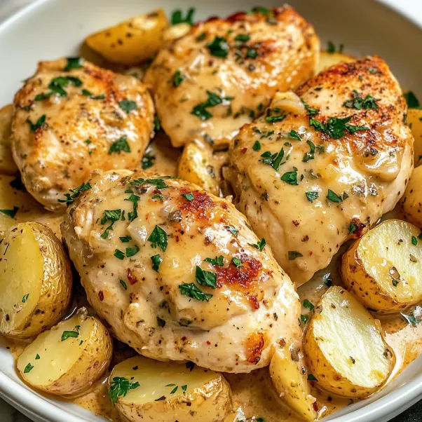 A bowl of chicken and potatoes.