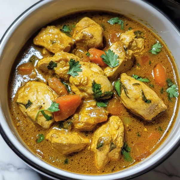 A bowl of yellow chicken curry.