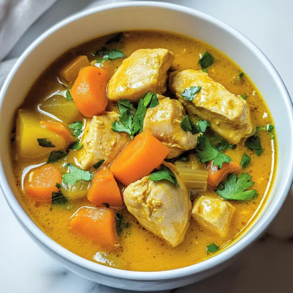 A bowl of yellow chicken curry with carrots and green herbs.