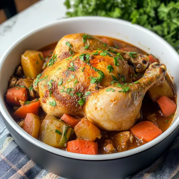 A bowl of chicken and vegetables.