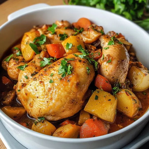 A bowl of food with chicken and vegetables.