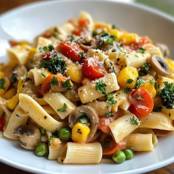 A plate of pasta with tomatoes, mushrooms, and peas.
