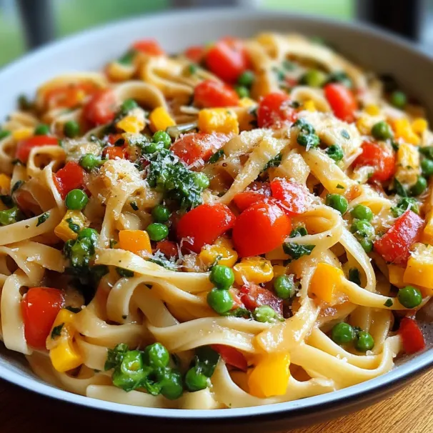 A bowl of pasta with tomatoes, peas, and cheese.