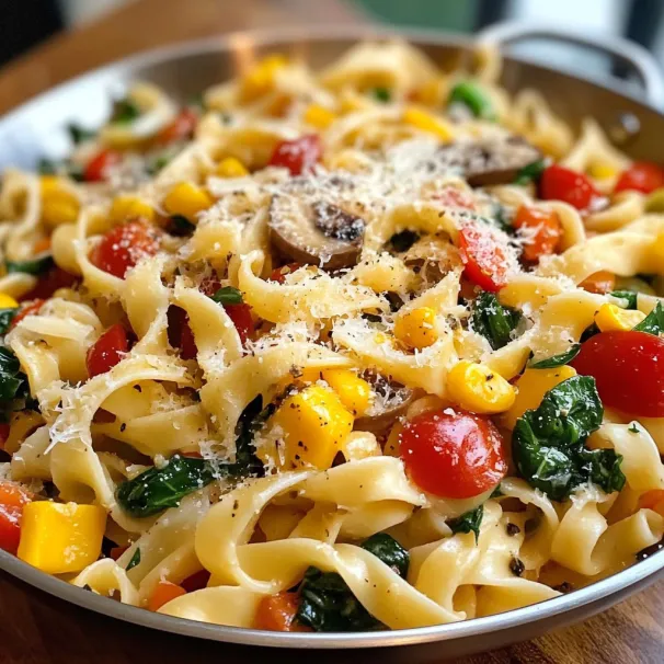 A bowl of pasta with tomatoes, corn, and mushrooms.