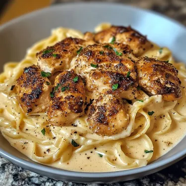 A bowl of pasta with chicken and green herbs.