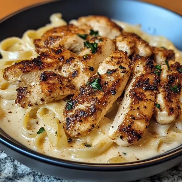 A bowl of pasta with chicken and herbs.