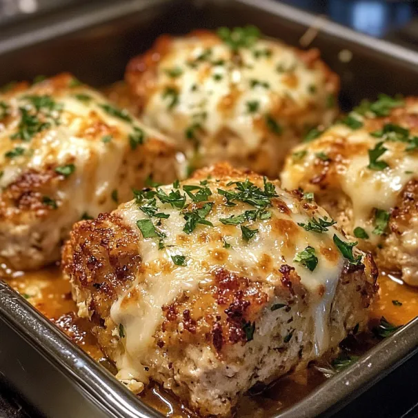 A pan of chicken with cheese and herbs.