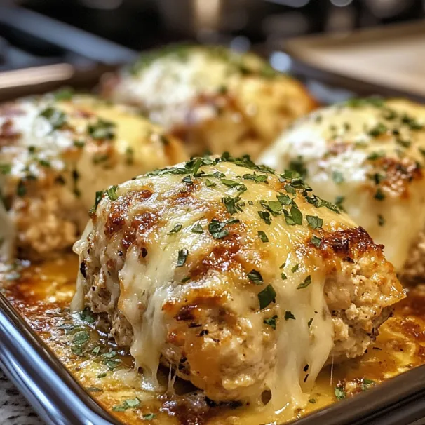 A pan of chicken with cheese and herbs.