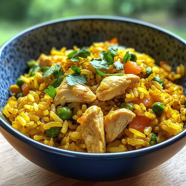 A bowl of rice and chicken.