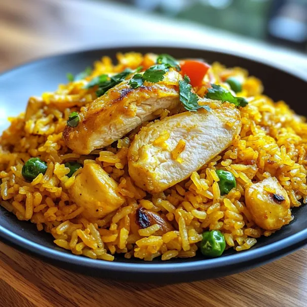 A plate of rice with chicken and peppers.