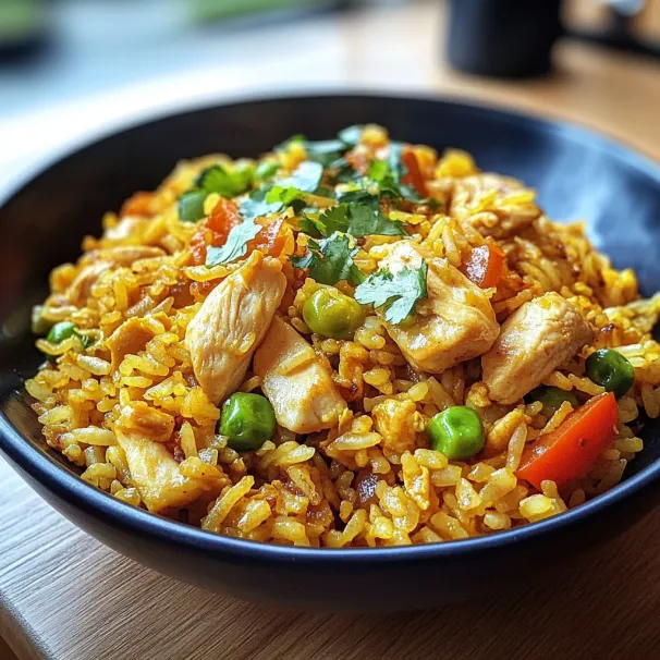 A bowl of rice with chicken and peas.